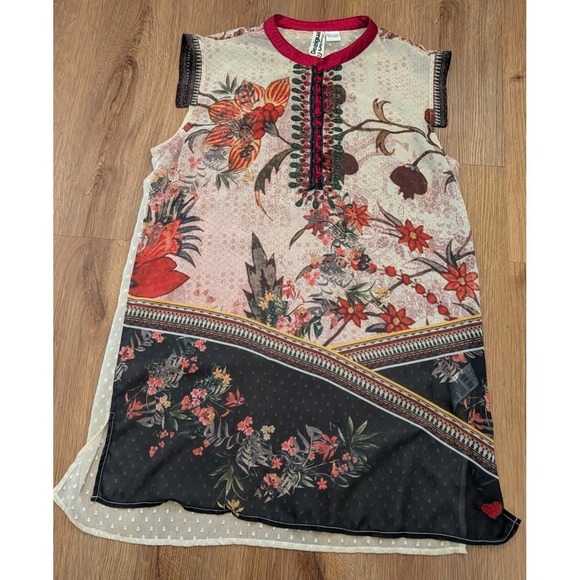 Desigual Sheer Floral Boho Tunic Top Sleeveless Size XL Artsy Eclectic Indie - Picture 2 of 6